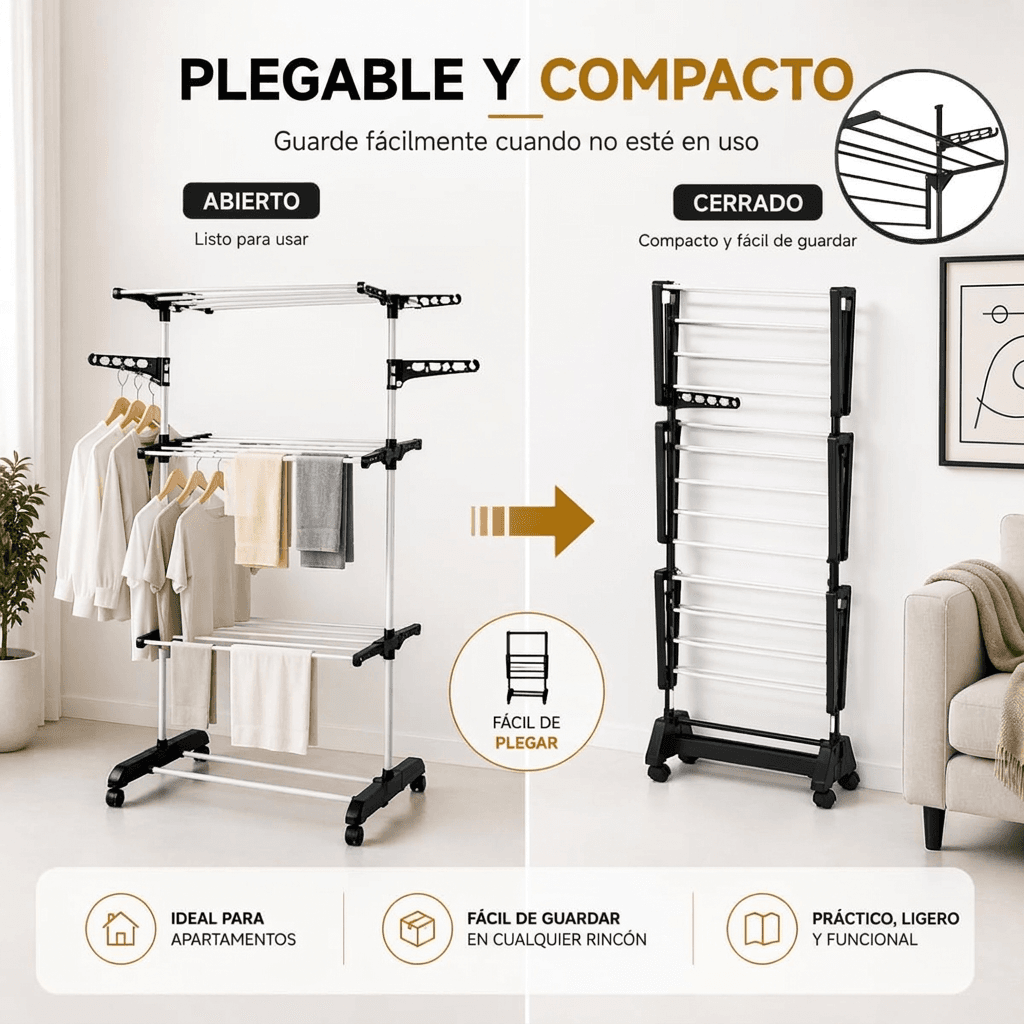 Tendedero plegado apoyado en la pared junto a uno abierto con ropa