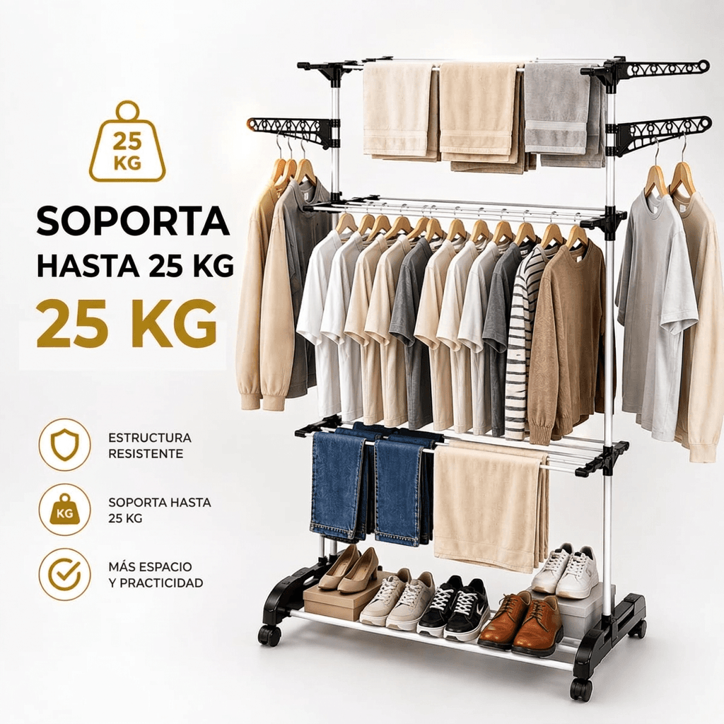 Tendedero vertical cargado con toallas, camisetas y sábanas en un espacio reducido