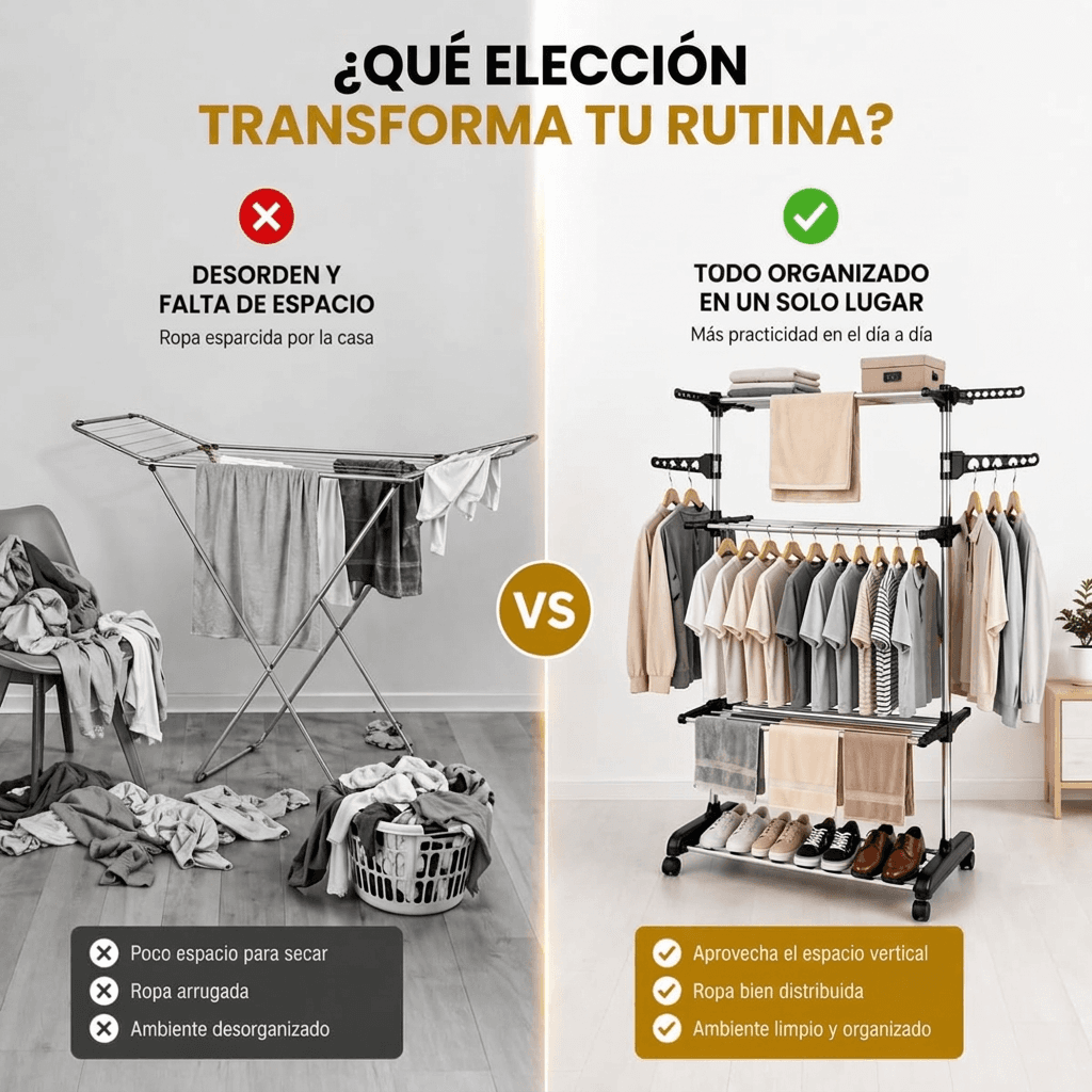 Salón con tendedero vertical cargado de ropa junto a una ventana abierta