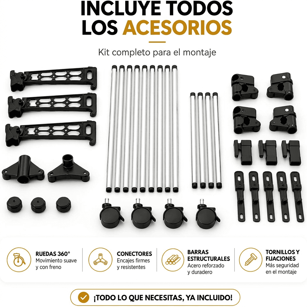 Piezas incluidas: barras de acero, alas, ruedas con freno, conectores y fijaciones