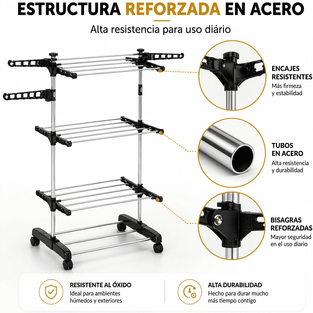 Detalle de encajes, tubos de acero y bisagras reforzadas del tendedero