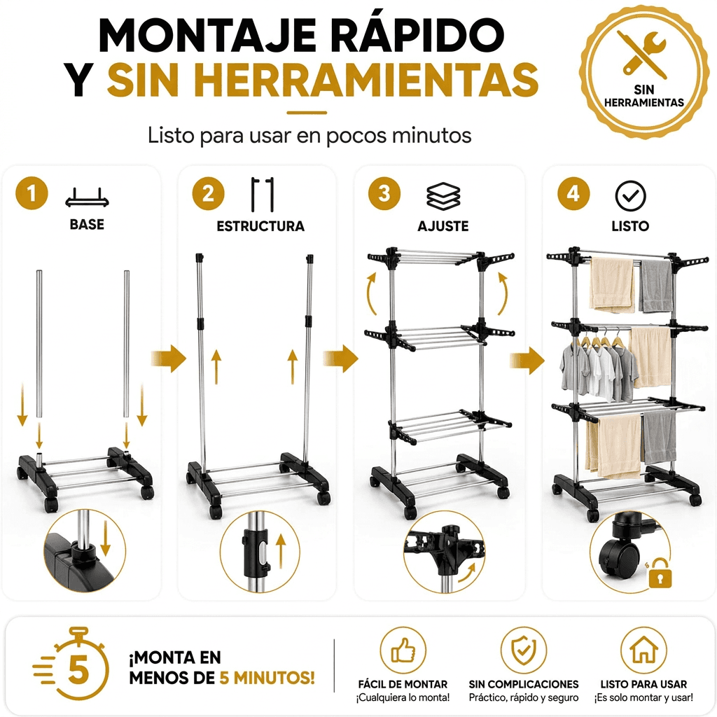 Cuatro pasos del montaje del tendedero: base, estructura, ajuste y listo